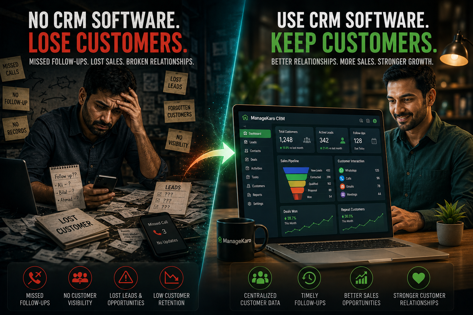CRM software for businesses comparison showing lost customers from poor follow-ups versus organized customer management dashboard