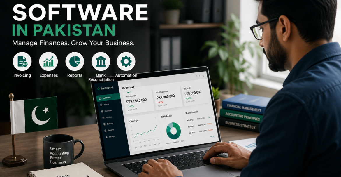 accounting software Pakistan business owner analyzing financial reports and accounting dashboard