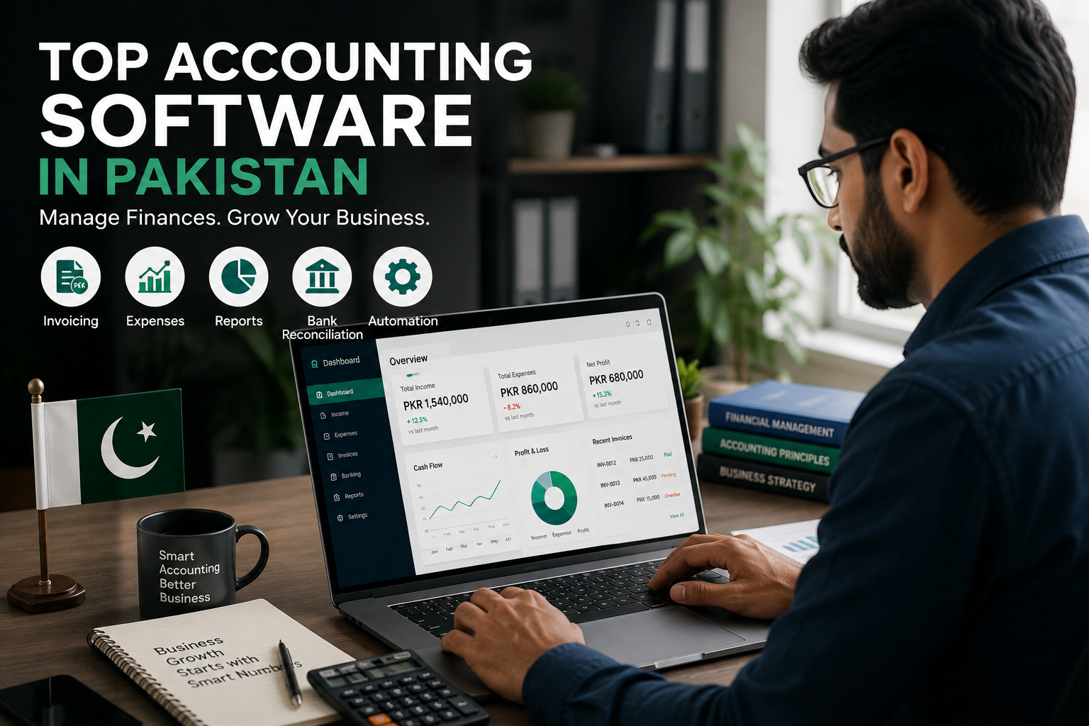 accounting software Pakistan business owner analyzing financial reports and accounting dashboard