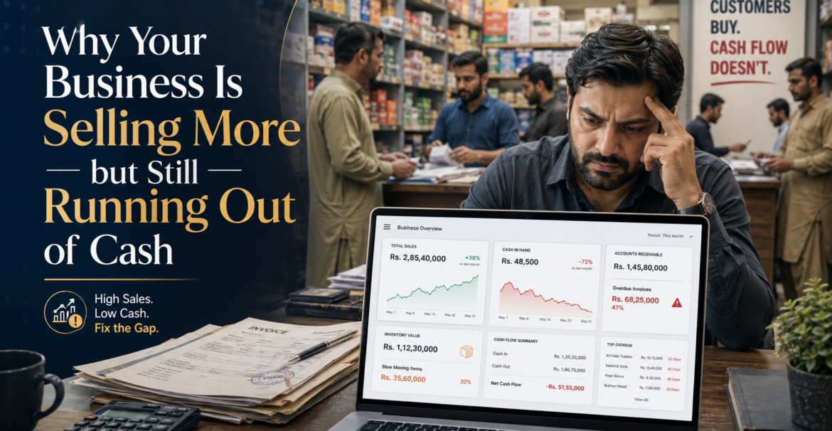 A concerned Pakistani business owner reviews a laptop cash-flow dashboard while staff and customers work in a busy retail store, showing strong sales, overdue invoices, inventory value, and low cash in hand.