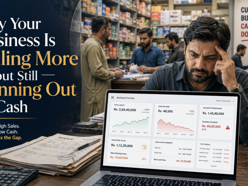 A concerned Pakistani business owner reviews a laptop cash-flow dashboard while staff and customers work in a busy retail store, showing strong sales, overdue invoices, inventory value, and low cash in hand.