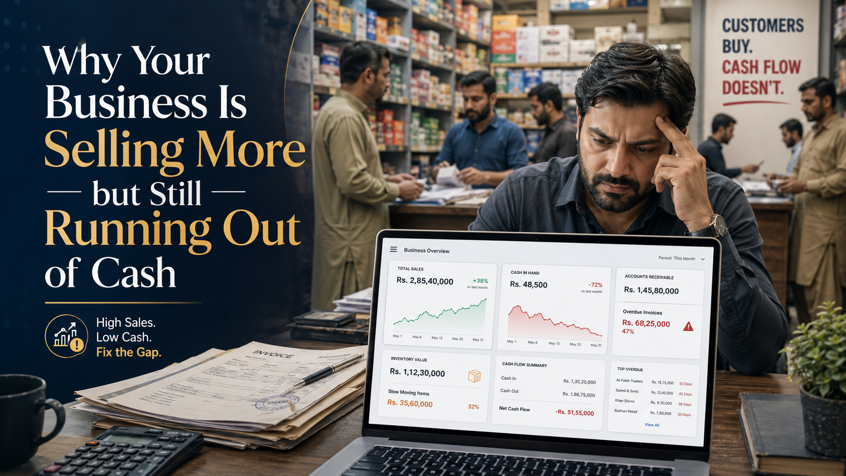 A concerned Pakistani business owner reviews a laptop cash-flow dashboard while staff and customers work in a busy retail store, showing strong sales, overdue invoices, inventory value, and low cash in hand.