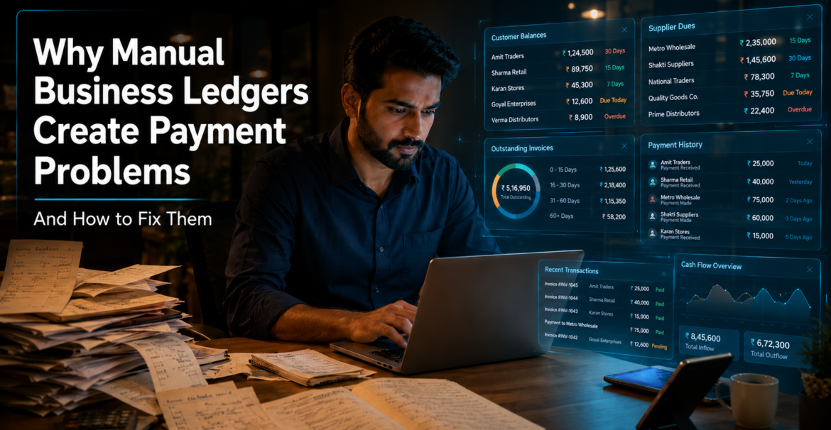 Business owner using a digital ledger dashboard to track customer balances, supplier dues, outstanding invoices, and payment history.