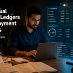 Business owner using a digital ledger dashboard to track customer balances, supplier dues, outstanding invoices, and payment history.