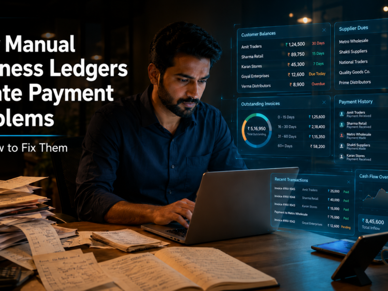 Business owner using a digital ledger dashboard to track customer balances, supplier dues, outstanding invoices, and payment history.