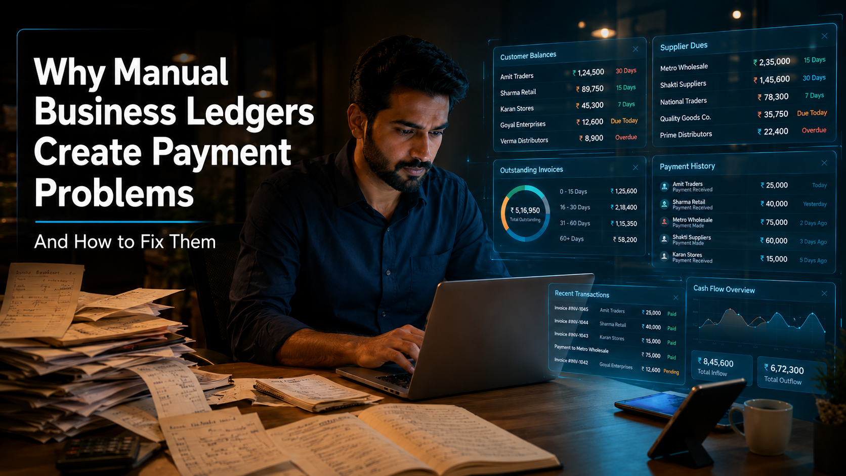 Business owner using a digital ledger dashboard to track customer balances, supplier dues, outstanding invoices, and payment history.