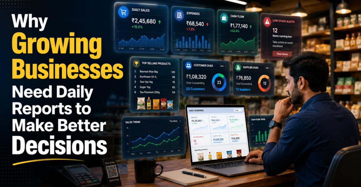 Business owner reviewing daily sales, expenses, cash flow, low-stock alerts, customer dues, and supplier dues through a digital reporting dashboard.