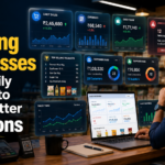 Business owner reviewing daily sales, expenses, cash flow, low-stock alerts, customer dues, and supplier dues through a digital reporting dashboard.