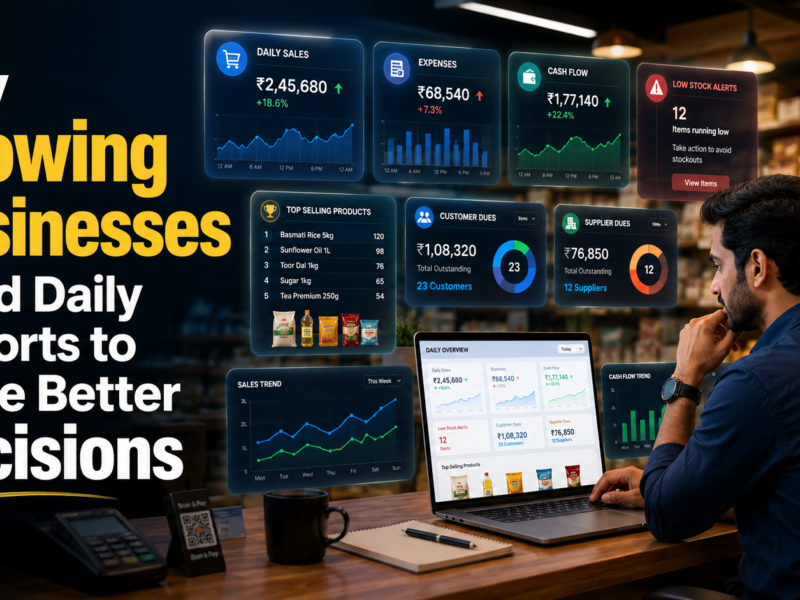 Business owner reviewing daily sales, expenses, cash flow, low-stock alerts, customer dues, and supplier dues through a digital reporting dashboard.