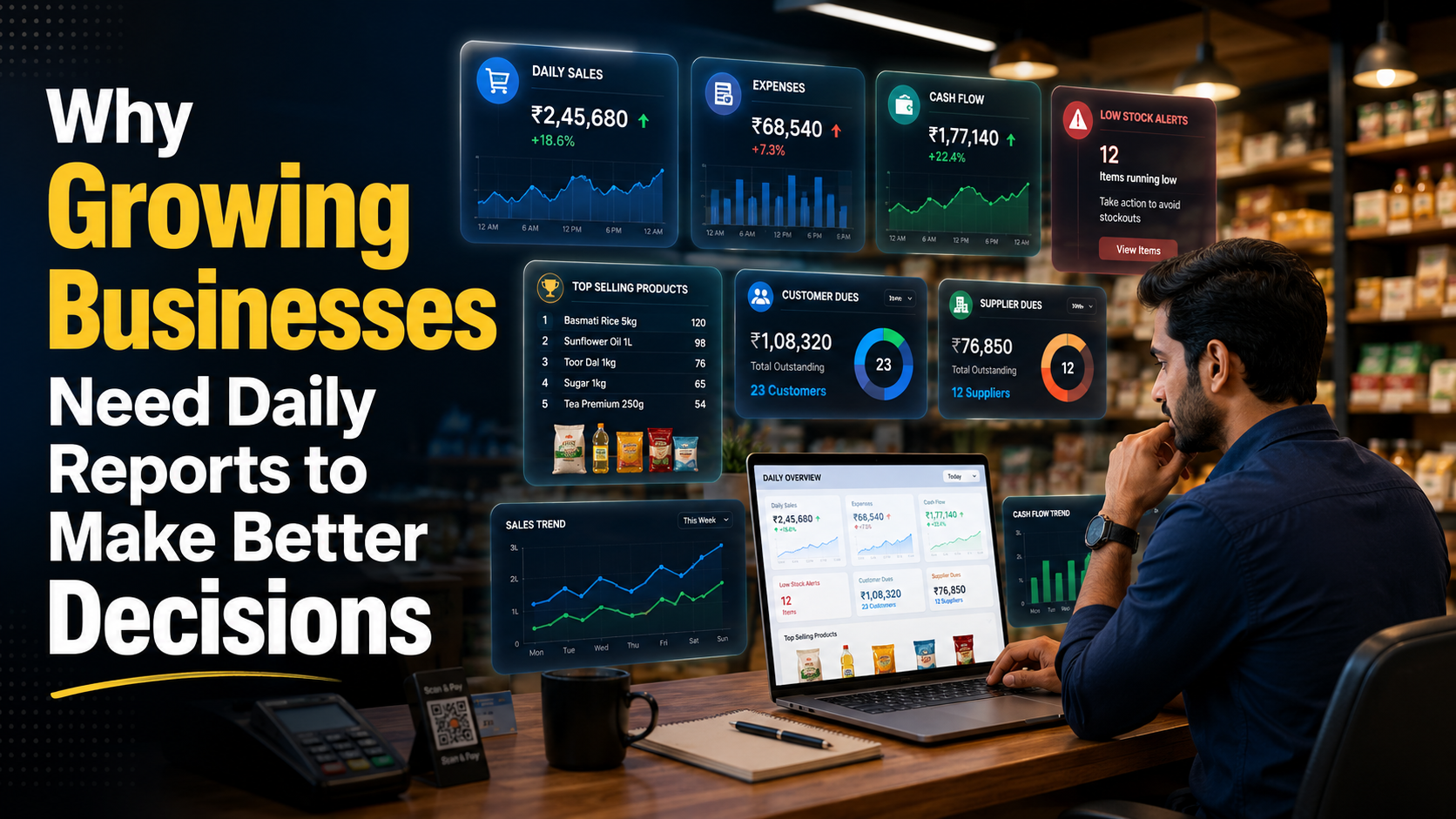 Business owner reviewing daily sales, expenses, cash flow, low-stock alerts, customer dues, and supplier dues through a digital reporting dashboard.
