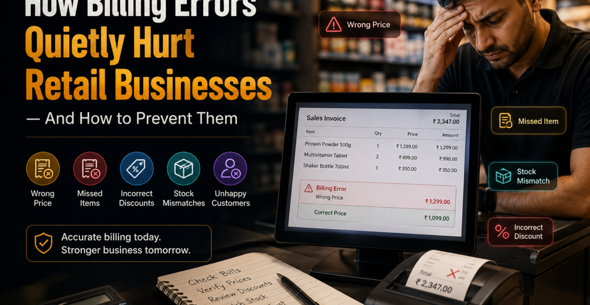 Retail employee stressed by POS billing errors, with a digital invoice showing wrong prices, missed items, incorrect discounts, and stock mismatches