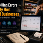 Retail employee stressed by POS billing errors, with a digital invoice showing wrong prices, missed items, incorrect discounts, and stock mismatches
