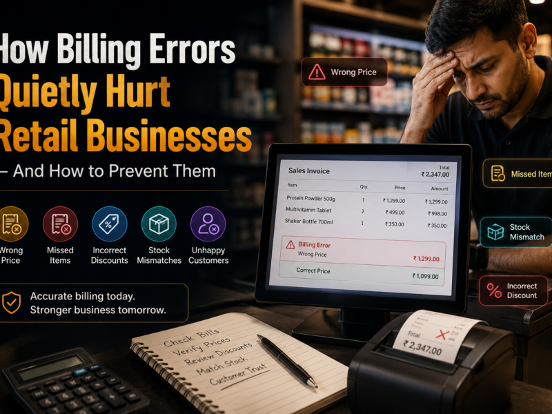 Retail employee stressed by POS billing errors, with a digital invoice showing wrong prices, missed items, incorrect discounts, and stock mismatches