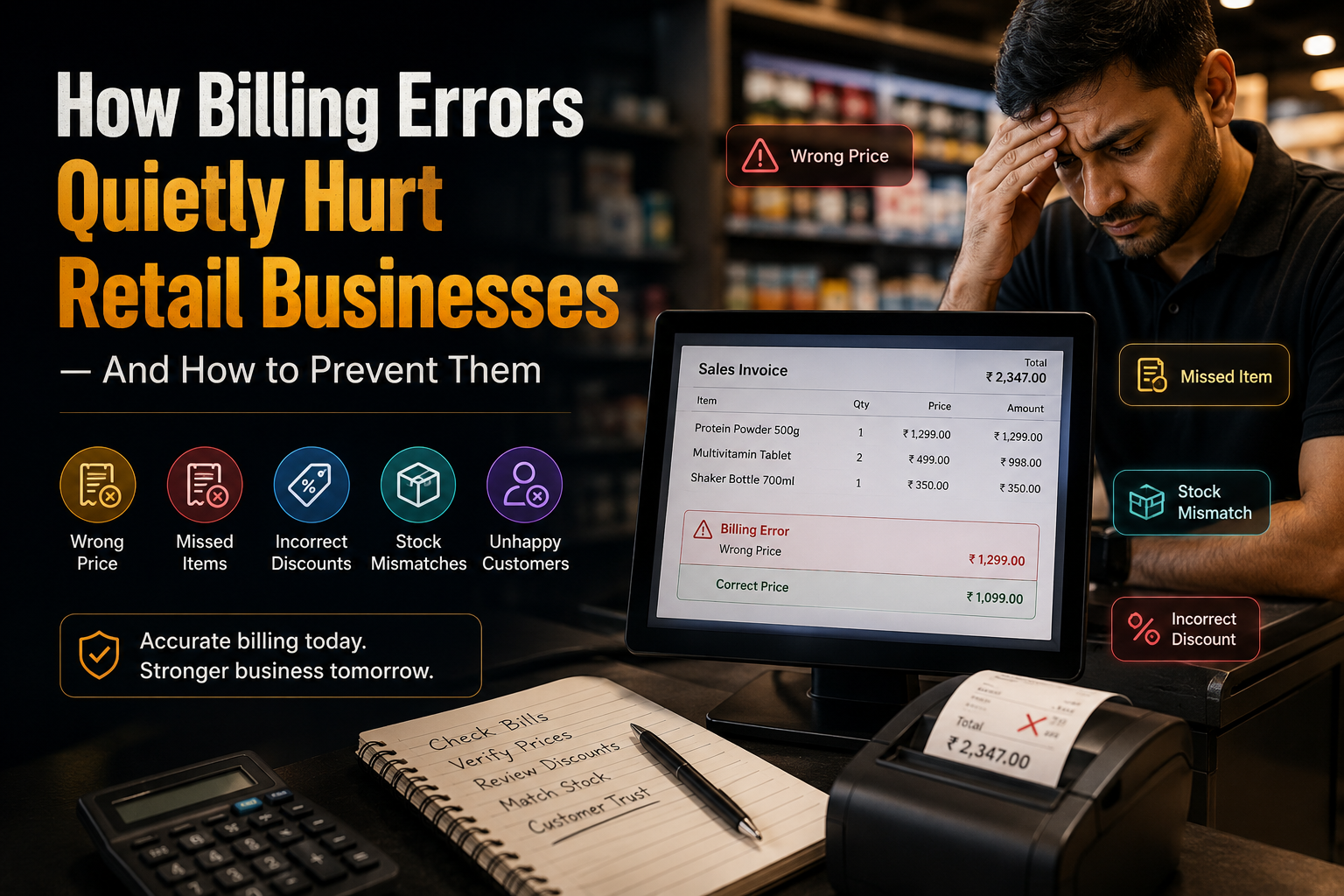 Retail employee stressed by POS billing errors, with a digital invoice showing wrong prices, missed items, incorrect discounts, and stock mismatches