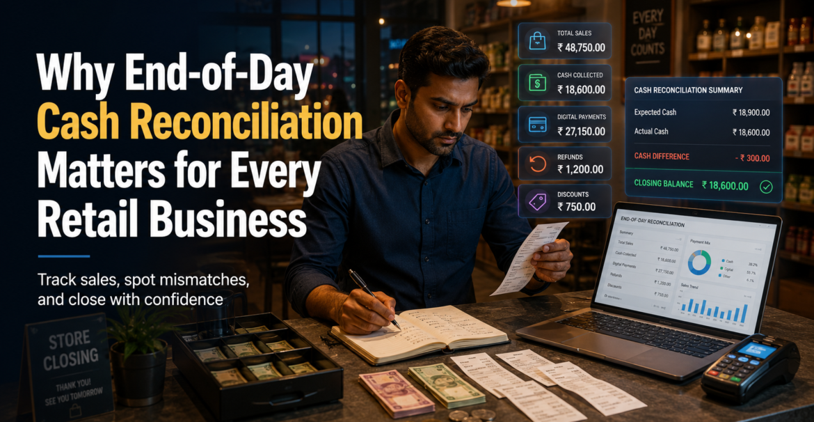 Retail business owner reconciling end-of-day cash, receipts, digital payments, refunds, discounts, and sales totals using a laptop dashboard.