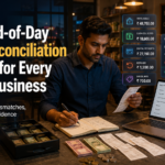 Retail business owner reconciling end-of-day cash, receipts, digital payments, refunds, discounts, and sales totals using a laptop dashboard.
