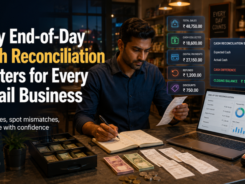 Retail business owner reconciling end-of-day cash, receipts, digital payments, refunds, discounts, and sales totals using a laptop dashboard.