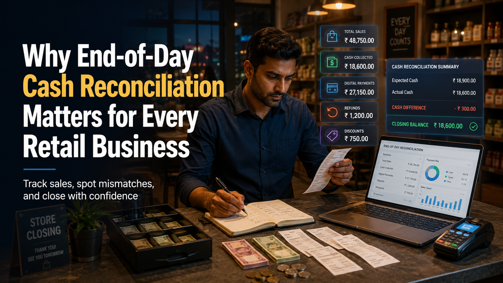 Retail business owner reconciling end-of-day cash, receipts, digital payments, refunds, discounts, and sales totals using a laptop dashboard.