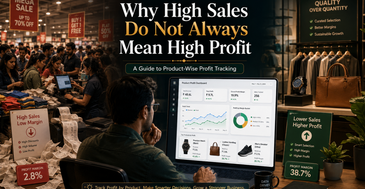 Retail business owner reviewing a product profit dashboard that compares high sales, low margins, and higher-profit products.