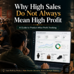 Retail business owner reviewing a product profit dashboard that compares high sales, low margins, and higher-profit products.
