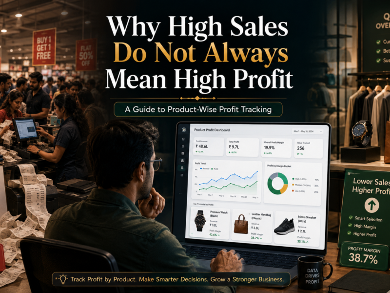Retail business owner reviewing a product profit dashboard that compares high sales, low margins, and higher-profit products.