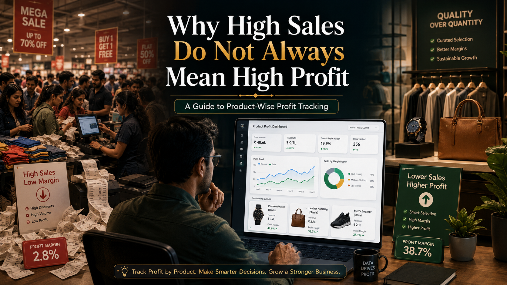 Retail business owner reviewing a product profit dashboard that compares high sales, low margins, and higher-profit products.