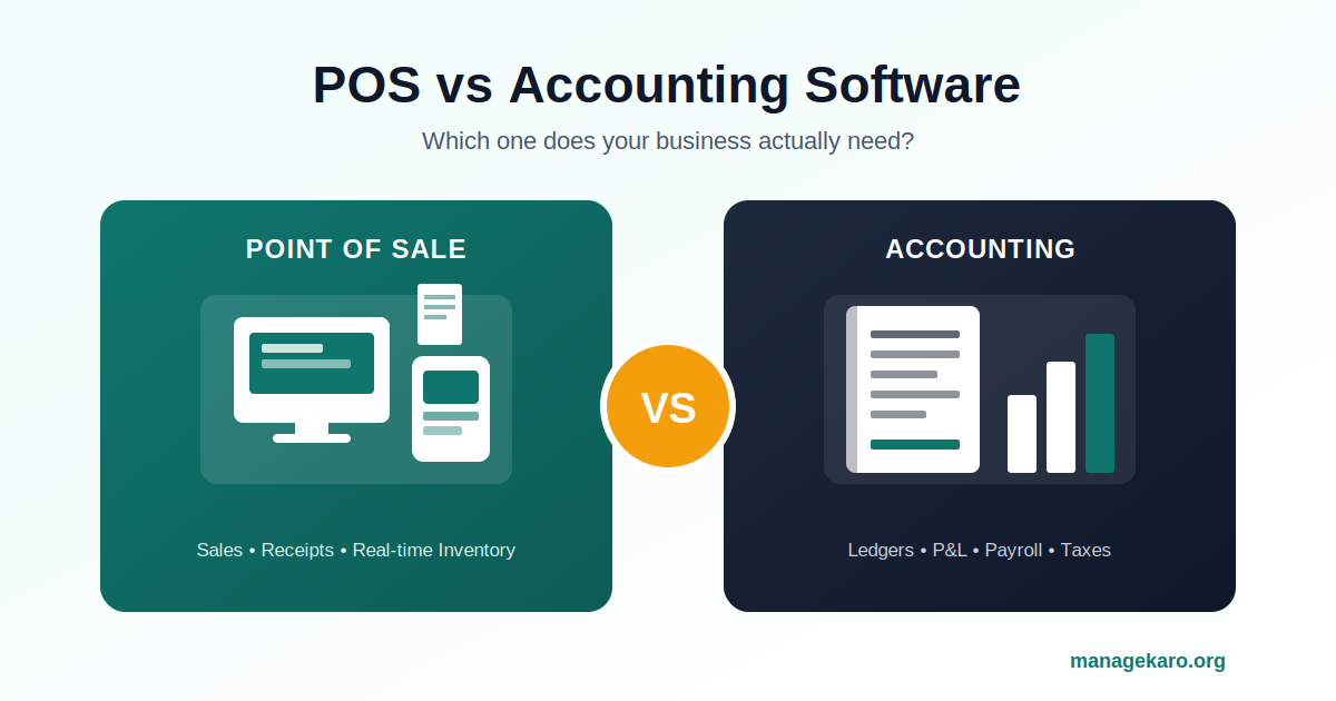 POS vs accounting software comparison showing point of sale terminal and accounting ledger icons