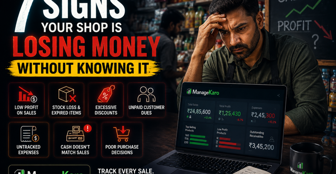 ManageKaro dashboard showing a shop owner identifying hidden money leaks such as low profit, stock loss, excessive discounts, unpaid customer dues, untracked expenses, and cash mismatches.