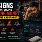 ManageKaro dashboard showing a shop owner identifying hidden money leaks such as low profit, stock loss, excessive discounts, unpaid customer dues, untracked expenses, and cash mismatches.