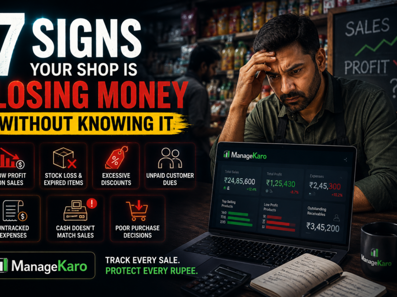 ManageKaro dashboard showing a shop owner identifying hidden money leaks such as low profit, stock loss, excessive discounts, unpaid customer dues, untracked expenses, and cash mismatches.