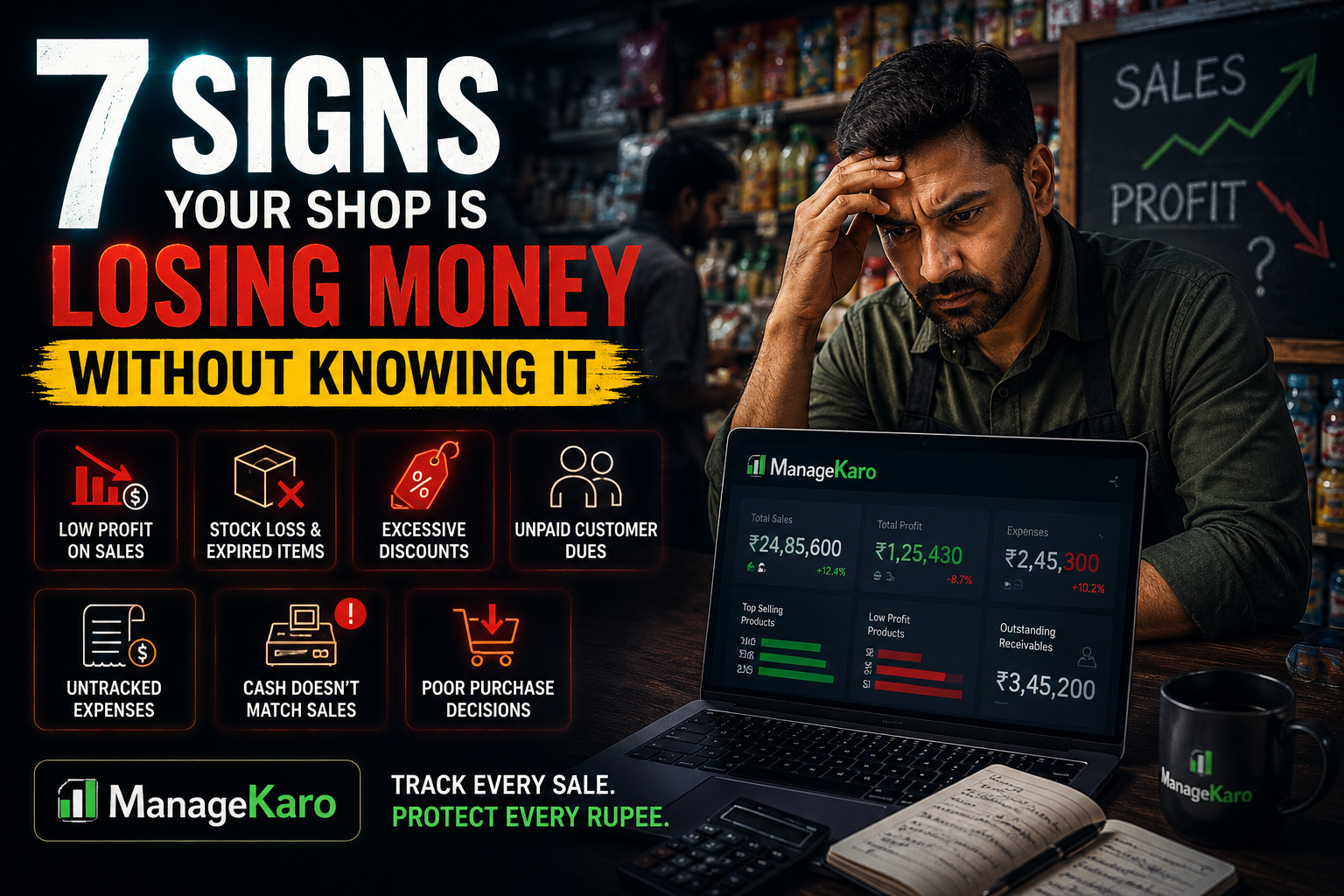ManageKaro dashboard showing a shop owner identifying hidden money leaks such as low profit, stock loss, excessive discounts, unpaid customer dues, untracked expenses, and cash mismatches.