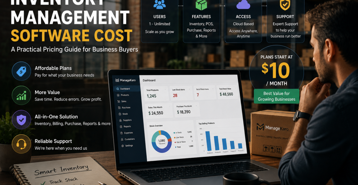 ManageKaro inventory management software cost guide showing pricing factors, users, features, cloud access, support, and inventory dashboard for business buyers.
