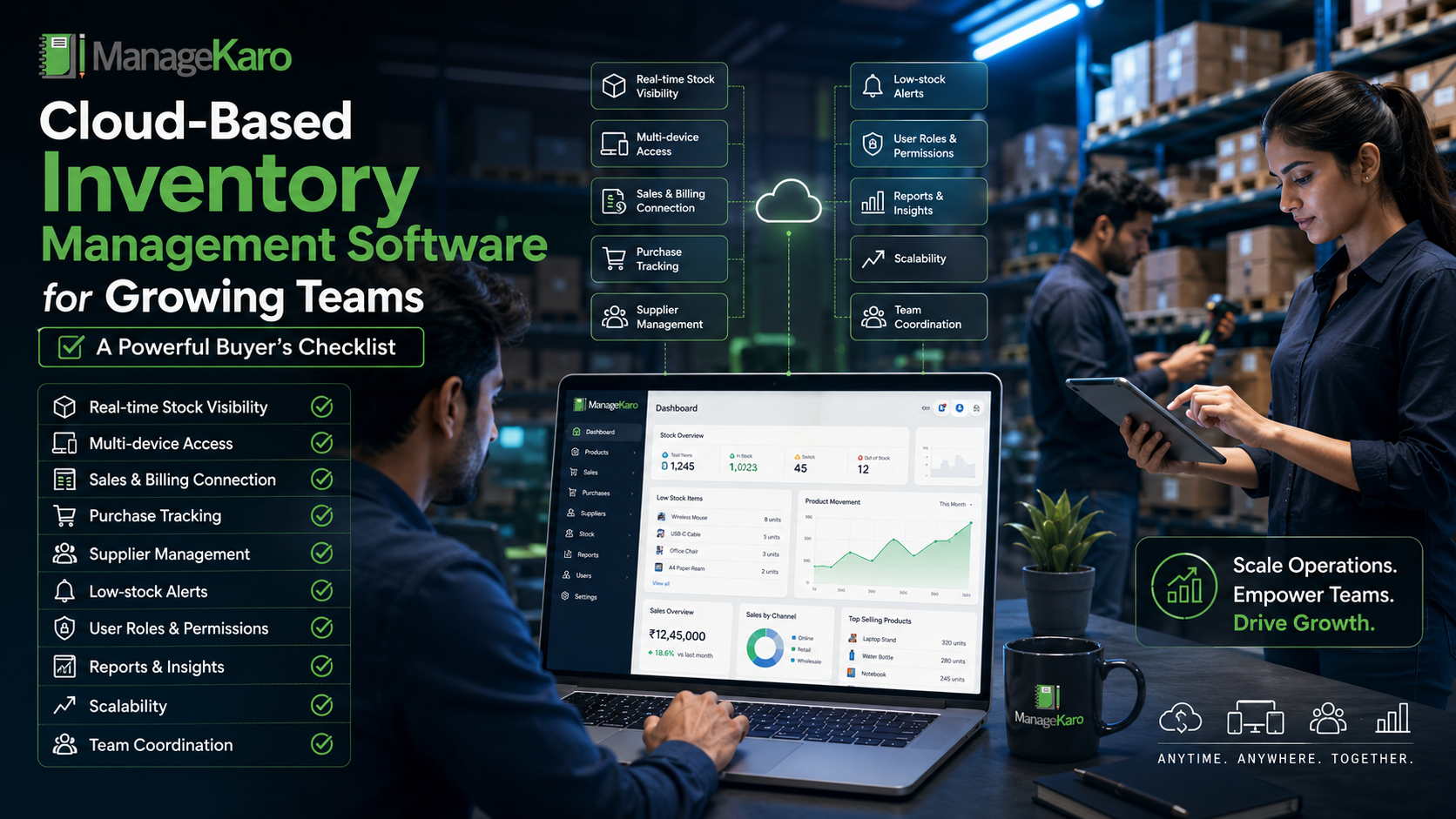 ManageKaro cloud-based inventory management software for growing teams showing real-time stock visibility, multi-device access, billing connection, purchase tracking, supplier management, user roles, reports, and low-stock alerts.