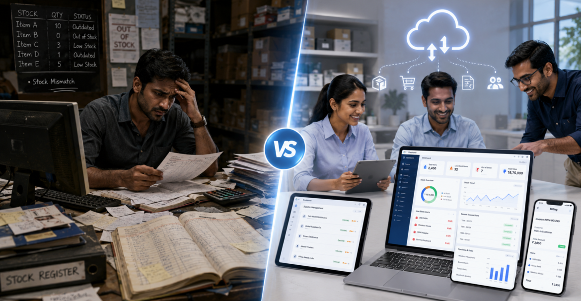 Cloud inventory management software compared with traditional stock registers, showing manual inventory problems versus real-time digital stock control on ManageKaro dashboards.