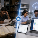 Cloud inventory management software compared with traditional stock registers, showing manual inventory problems versus real-time digital stock control on ManageKaro dashboards.
