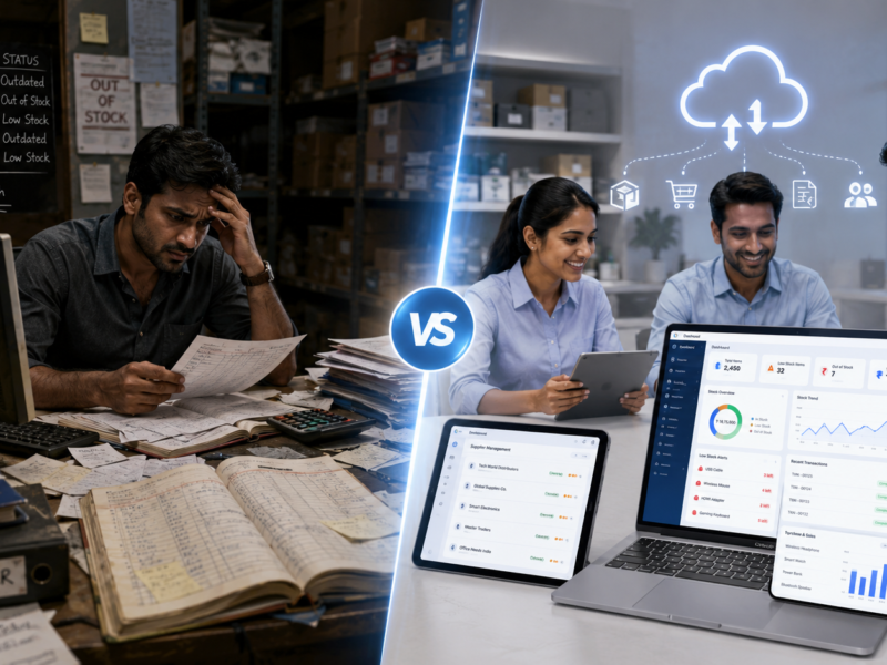 Cloud inventory management software compared with traditional stock registers, showing manual inventory problems versus real-time digital stock control on ManageKaro dashboards.