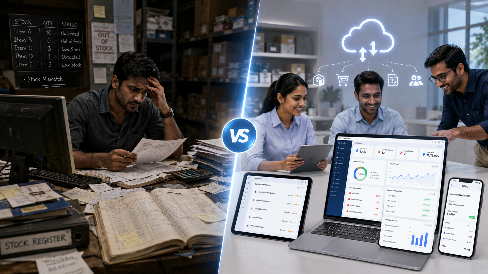 Cloud inventory management software compared with traditional stock registers, showing manual inventory problems versus real-time digital stock control on ManageKaro dashboards.