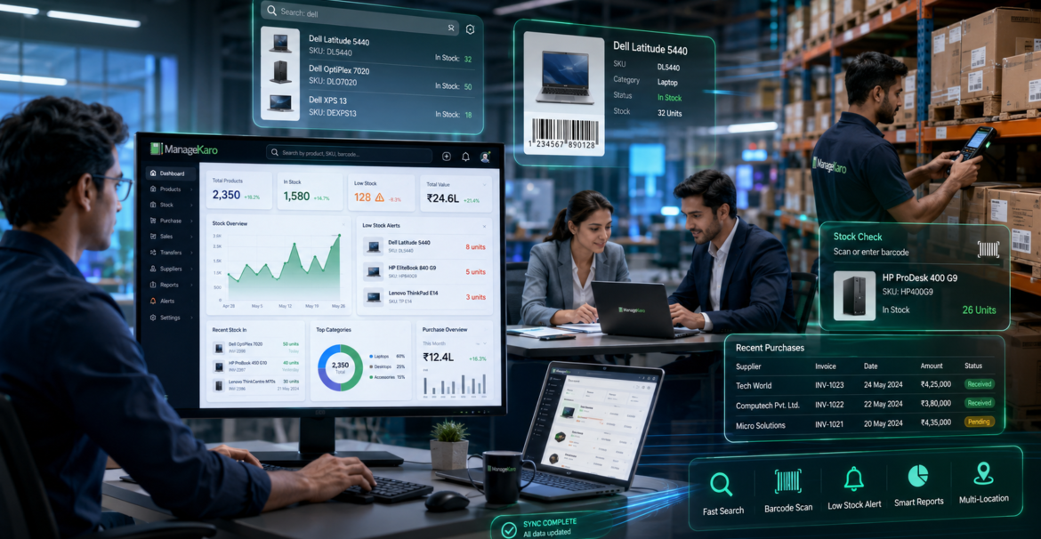 ManageKaro fast inventory management software for laptops and PCs showing product search, barcode scanning, stock checks, low-stock alerts, recent purchases, and smart reports for office and warehouse teams.