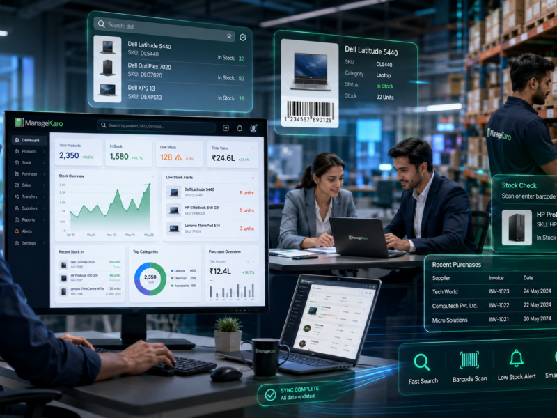 ManageKaro fast inventory management software for laptops and PCs showing product search, barcode scanning, stock checks, low-stock alerts, recent purchases, and smart reports for office and warehouse teams.