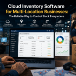 Cloud inventory software for multi-location businesses showing ManageKaro dashboard with branch-wise stock visibility, stock transfers, low-stock alerts, warehouse control, and real-time reports.