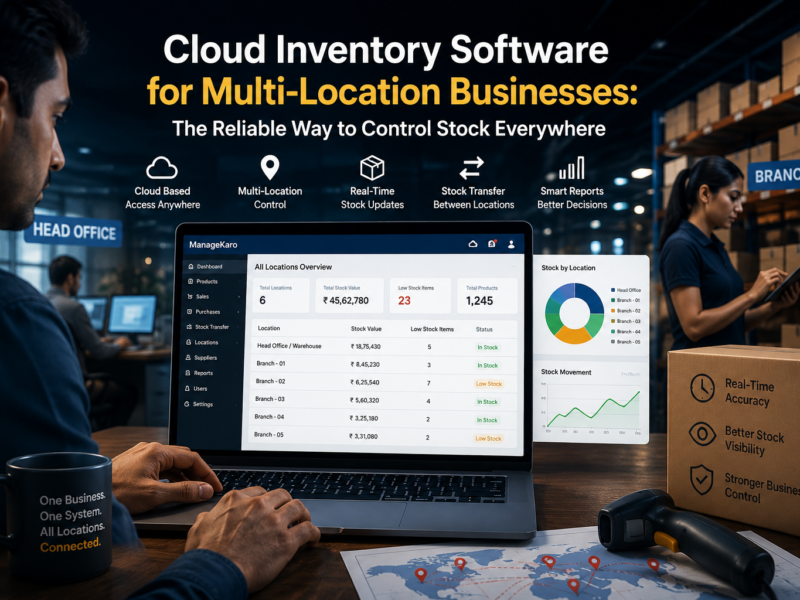 Cloud inventory software for multi-location businesses showing ManageKaro dashboard with branch-wise stock visibility, stock transfers, low-stock alerts, warehouse control, and real-time reports.