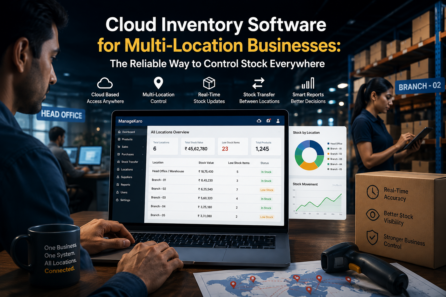 Cloud inventory software for multi-location businesses showing ManageKaro dashboard with branch-wise stock visibility, stock transfers, low-stock alerts, warehouse control, and real-time reports.