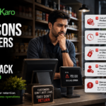 ManageKaro retail shop scene showing a customer leaving while warning panels highlight stockouts, slow billing, inconsistent pricing, poor customer recognition, and unresolved complaints.