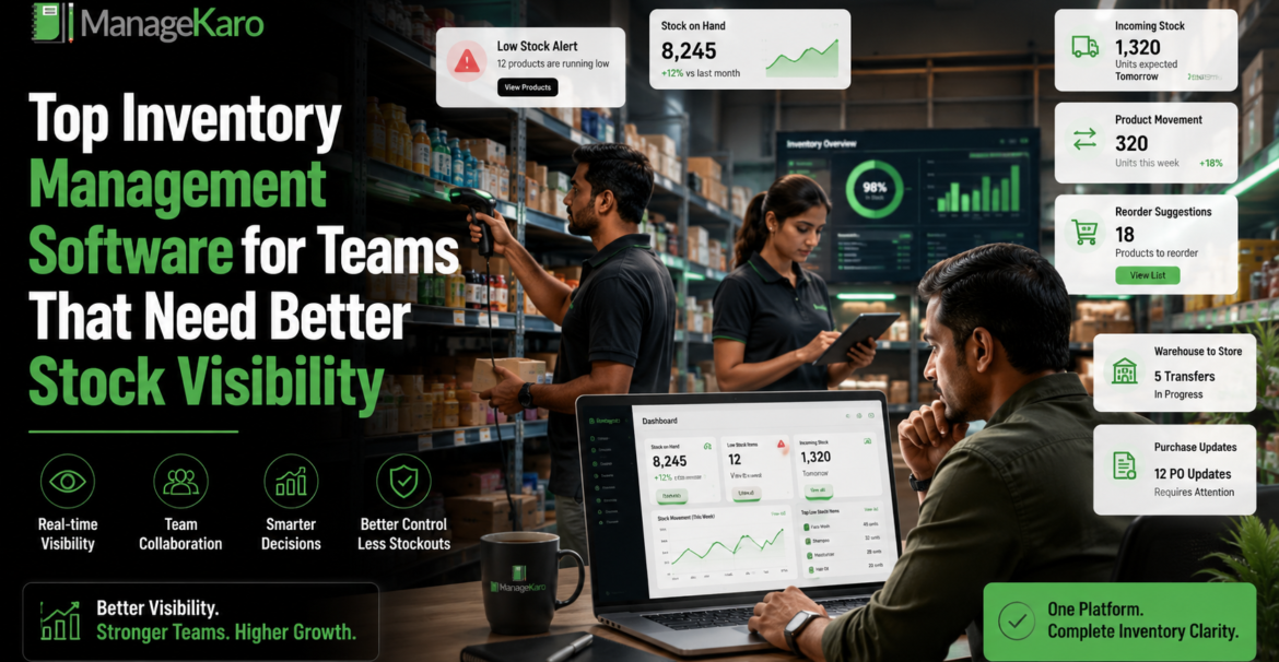 ManageKaro inventory management software dashboard helping a warehouse team track stock levels, low-stock alerts, incoming stock, product movement, and reorder suggestions.