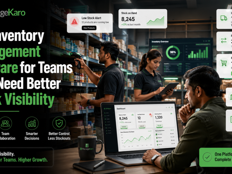 ManageKaro inventory management software dashboard helping a warehouse team track stock levels, low-stock alerts, incoming stock, product movement, and reorder suggestions.