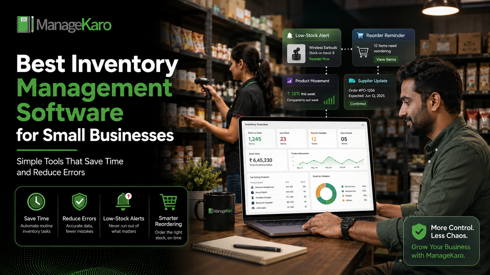 ManageKaro inventory management software for small businesses showing low-stock alerts, reorder reminders, supplier updates, product movement, and stock overview dashboards.
