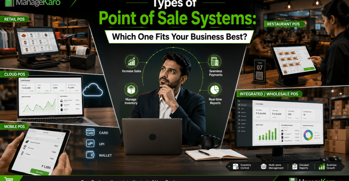 Types of point of sale systems showing ManageKaro POS options for retail, cloud, mobile, restaurant, integrated, and wholesale businesses with inventory control, payments, reports, and business growth features.