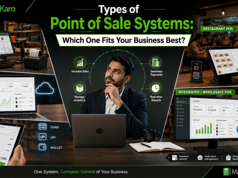 Types of point of sale systems showing ManageKaro POS options for retail, cloud, mobile, restaurant, integrated, and wholesale businesses with inventory control, payments, reports, and business growth features.
