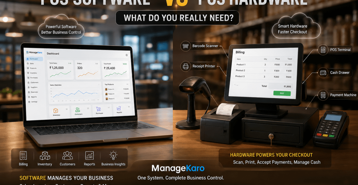 POS software vs POS hardware comparison showing ManageKaro POS software dashboard with billing, inventory, customers, reports, barcode scanner, receipt printer, cash drawer, POS terminal, and payment machine.
