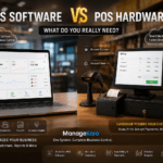 POS software vs POS hardware comparison showing ManageKaro POS software dashboard with billing, inventory, customers, reports, barcode scanner, receipt printer, cash drawer, POS terminal, and payment machine.